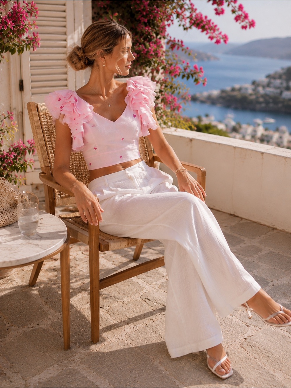 NWT FANM MON Anais Linen Ruffle Embroidered Crop Top in Light pink Size S - Picture 7 of 16